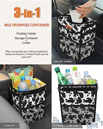 Image of Pritent Car Trash Can with Lid Leakproof Car Garbage Bag Vehicle Trash Bin | Hanging Automotive Garbage Can,Multipurpose Car Accessories for Women Men Interior Car Storage Organizer(2 Gal,Cow Print)