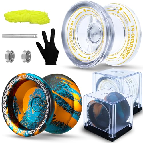 Pack of 2 Responsive Yoyos -YOYOSTUDIO X0312 Black Blue Orange + P1 White Professional Yoyo for Kids 8-12 Unresponsive Yoyo Bearing for Adults with 2 Clear Yoyos, Case, 10 Yo-Yo Strings P1 W
