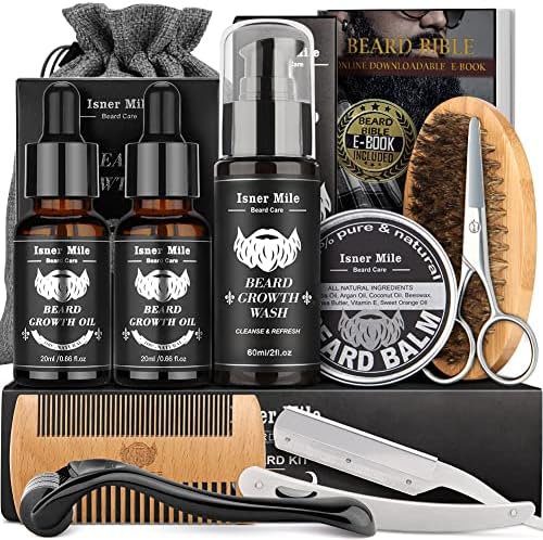 Isner Mile Beard Grooming Kit for Men, Perfect Fathers Gifts for Dad Him Husband Boyfriend, with Beard Shampoo Wash, Growth Oil, Balm, Trimming Set Include Brush, Comb, Scissors