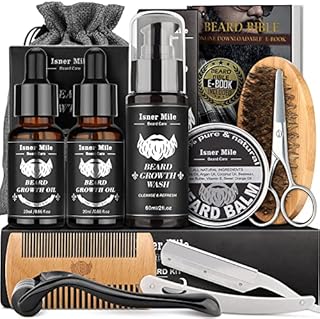 Isner Mile Beard Grooming Kit for Men, Perfect Fathers Gifts for Dad Him Husband Boyfriend, with Beard Shampoo Wash, Growth Oil, Balm, Trimming Set Include Brush, Comb, Scissors