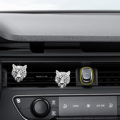 Image of Mandark Bling Leopard Car Air Vent Clip, 2PCS Crystal Rhinestone Vehicle Air Outlet Cheetah Print Decoration, Automotive Interior Ornament Accessories, Universal for SUV Sedan Truck (Silver)