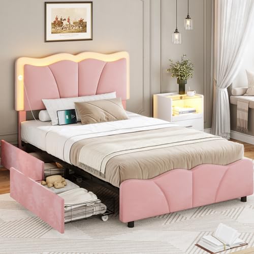 MSmask Twin Bed Frames with 4 Storage Drawers and LED Lights, Velvet Upholstered Platform Bed Frame with Height Adjustable Headboard, LED Bed Frame with Type C & USB, No Box Spring Needed, Pink
