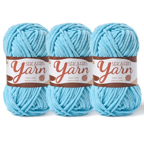 Image of 3 Pack Fluffy Velvet Yarn for Crocheting,Baby Blanket Yarn for Crocheting Soft,150g(196.8yds) Amigurumi Yarns,Plush Chenille Crochet Yarns,Puzzle Yarn for Crochet Weaving Craft(3 Azure)
