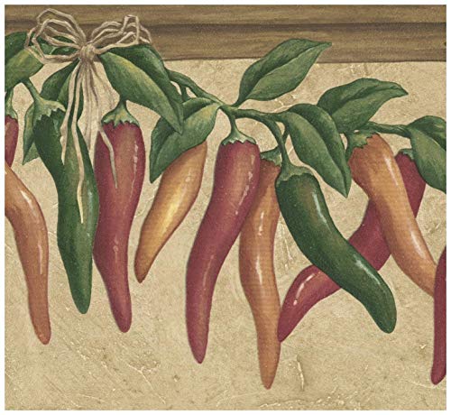 Wall Border - Red Green Brown Hot Peppers On Vine Olive Grey Wallpaper Border Retro Design, Prepasted Roll 15 Ft. X 7 In. #TOP12