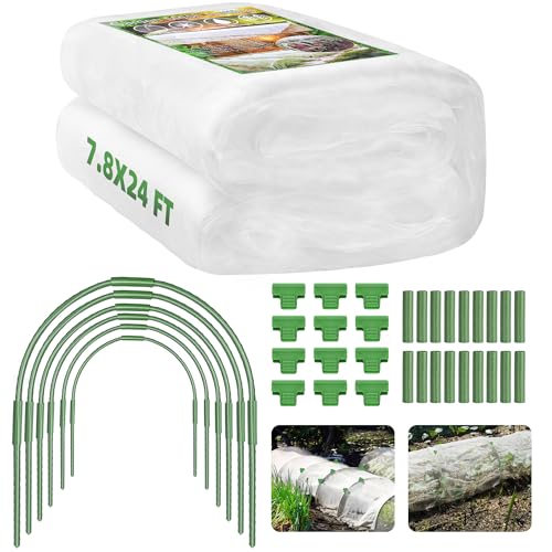 U0U Garden Mesh Netting Kit 7.8 x 24 Ft Plant Netting with Hoops Bird Net for Garden with 6 Sets Garden Hoops & 18 Clips Garden Net Bed Cover for Plants Birds Animals Protection (White)
