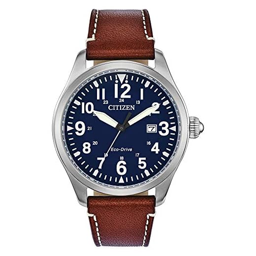 Citizen Men's Eco-Drive Weekender Garrison Field Watch in Stainless Steel with Brown Leather strap, Blue Dial (Model: BM6838-17L)
