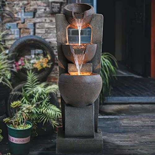 Gardenfans Garden Fountain Outdoor With Led Lights – Indoor Modern Cascading Floor-Standing Waterfall Feature Fountains For Garden,Deck, Patio, Porch, Yard And Home Art Décor Brown #TOP6