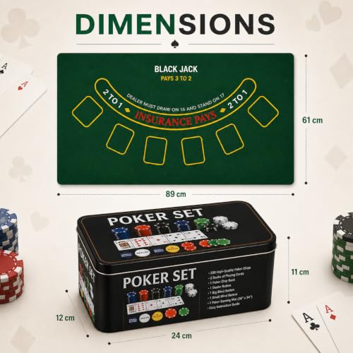 Image of Adult Casino Style Poker Chips Set | 200 Pcs Chips with Tin Case, 2 Decks of Cards, Dealer Button, Big & Small Blind Buttons and 36 inch x 24 inch Playing Mat | Classic Multiplayer Poker Game
