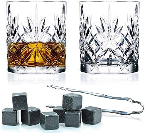 FLOW Barware Classic Whiskey Glasses Gift Set | Whisky Gift Set with 2 Glasses, 8 Whiskey Stones, Stainless Steel Tongs & Velvet Storage Bag in a Handcrafted Wooden Box | Whiskey Gift Sets for Men