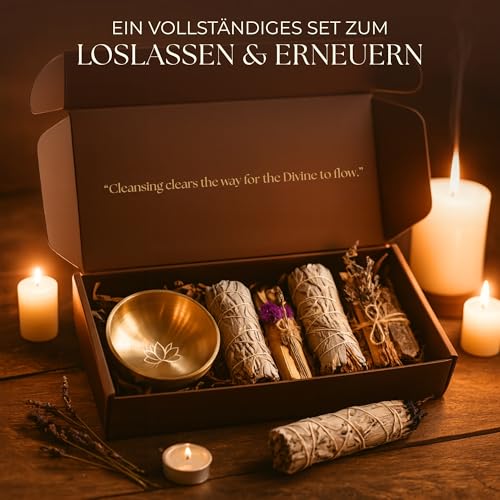 Anima Premium Räucherset – Weißer Salbei Räuchern, Palo Santo Räucherholz, Bergkristall & Selenit mit Räucherschale für Kristalle & Hausreinigung, Meditation & Manifestation