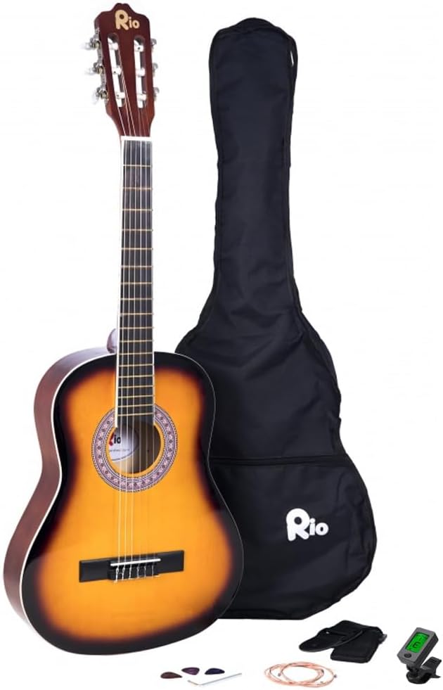 – Rio 3/4 Size Sunburst Classical Guitar Pack For Junior Beginners - Suit 9 To 12 Years - Inc Bag, Strap, Picks, Pitch Pipes - New
