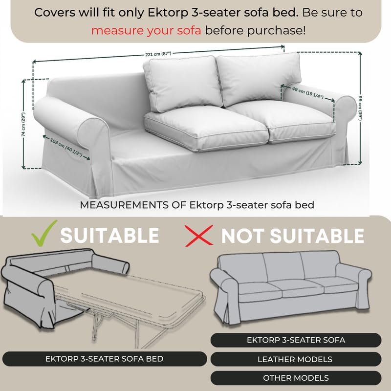comfortly Cover for Ektorp 3 Seat Sofa Bed, Replacement Slipcover, Heavy Duty 7 pcs Cover, Soft Durable Washable Fabric, Easy to Clean & Replace (Crown - Black)