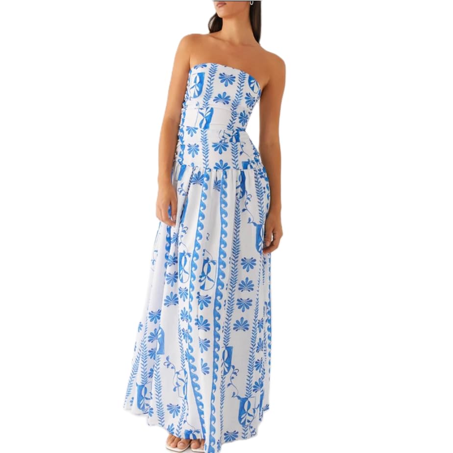 FEORJGP Women's Summer Strapless Midi Dress Corset Tube Patchwork Ruffle Wedding Guest Party Dress One Piece Tube Long Dress