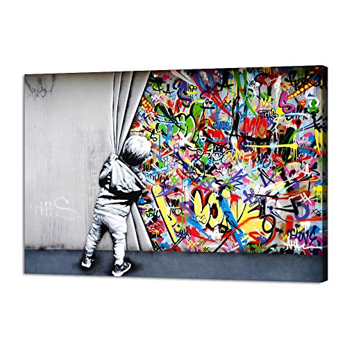 Yatsen Bridge Classic Street Art Banksy Graffiti Wall Art Behind The Curtain Posters Canvas Paintings Colorful Graffiti Pictures Prints Framed for Living Room Home Decor(36”W x 24”H)