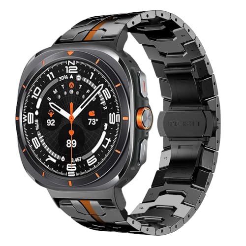 WONJOY Compatible with Samsung Galaxy Watch Ultra Band 47mm(2025/2024), Robust Men Stainless Steel Replacement Link Metal Bracelet (Black&Orange)