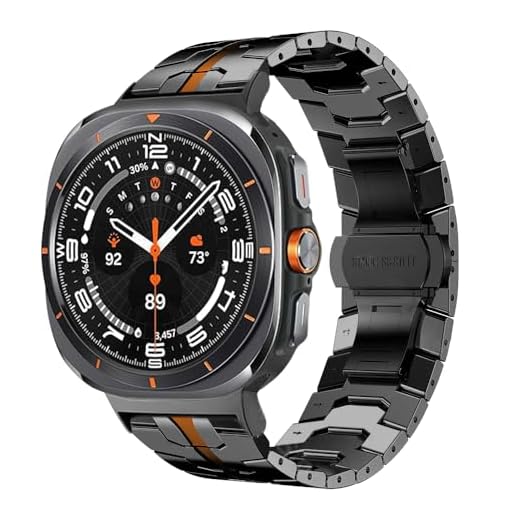 WONJOY Compatível com Samsung Galaxy Watch 7 Ultra Band 2024 de 47 mm, resistente pulseira de metal de substituição masculina de aço inoxidável (preto e laranja)