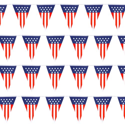 Image of FOIMAS American Flag Pennant Banner,39.3ft USA String Flag Triangle String Flag Bunting Garland for 4th of July Patriotic Party Decoration Supply
