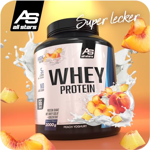 All-Stars-WHEY-PROTEIN-2000g-I-Eiweiss-Pulver-mit-Whey-Konzentrat-Isolat-I-leckeres-Low-Fat-Powder-I-hochwertiges-Protein-Pulver-I-cremiger-Protein-Shake-mit-Peach-Yoghurt-Flavour