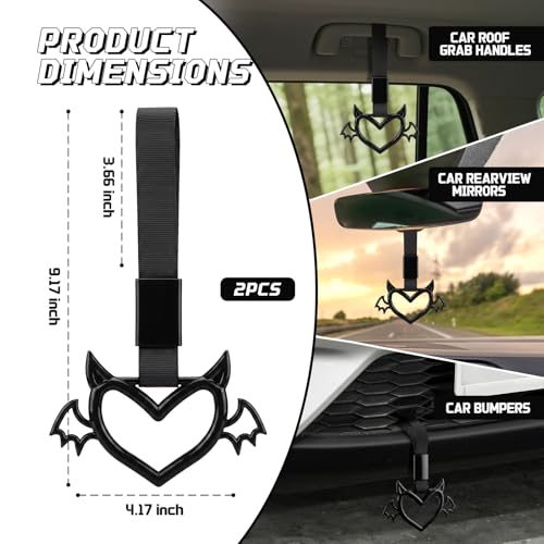 Image of 2 Pcs Devil Heart Shaped Car Handle Strap - JD M Drift Charm Rear Bumper Warning Ring Decor for Car Interior Exterior, Subway Bus Handle Accessory, Cute Heart Car Decor Gift (Black-Wing)