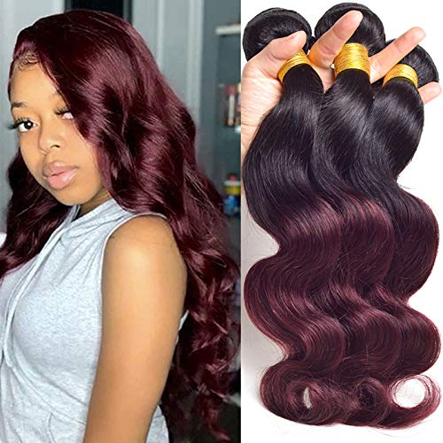 Brazilian Body Wave Hair Ombre Weaves 300g Color #1B 99J Ombre Hair Bundles Two Tone Brazilian Virgin Remy Hair Bundles Double Weft Silky Body Wave Weaves 14 16 18 inches