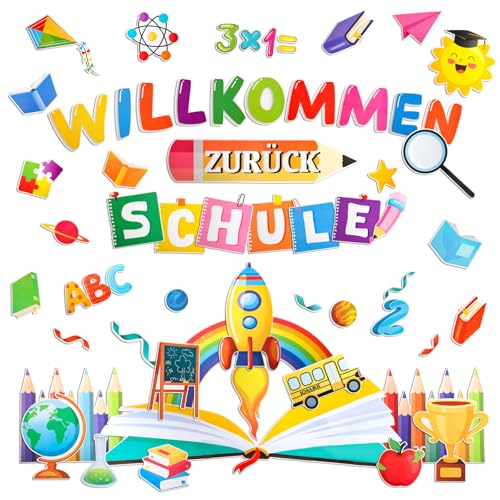 Willkommen zurück Schule Deko Set – 63-teilige Stecktafel für Einschulung Deko, Schulkind Deko