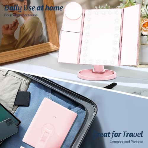 Lighted Makeup Mirror with 22 LED Lights, Dual Power Supply 1x/2x/3x/10x Magnifying Touch Screen Dimmable Mirror, 180 Degree Adjustable Angle, Travel Cosmetic Mirror - Pink - Image 5