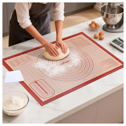 Extra stor och tjock silikonbakmatta 71 × 51 cm, non-stick bakverk rullande ark med mätning, halkfri kiseldeg knådningsbräda, bänk bordsmatta, bordsmatta, för paj/kaka/pizza (röd + skrapa)