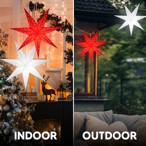 Image of GalaxyArts Paper Star Lanterns, 24 Inch Naxatra (White Medium) Light Up Hollow Out 7 Pointed Star Hanging Lamp Decoration for Wedding Holiday Birthday Party Christmas Celebration Indoor Outdoor Decor