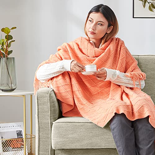 Touchat Knitted Throw Blankets For Couch, Sofa And Bed, Lightweight Soft Knit Blanket With Tassel, Decorative Cozy Farmhouse Throw Blankets For Women And Man 50"X60", Coral Burnt Orange #TOP3