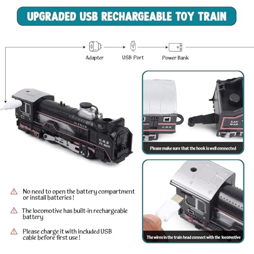 Image of VU Toys Small Rail King Train Set (3+ Years) with C-Type Charger - Rechargeable Battery Operated Steam Engine, Coal, Passenger, and 10 Round Track- with Smoke, Light & Music Train for Kids