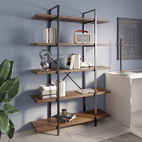 Belleze 5-Tier Wood Bookshelf, 70 Inch Industrial Storage Shelves Organizer For Living Room, Pantry, Home Office And Garage, Open Display Shelves With Metal Frame - Rustic Oak #TOP5