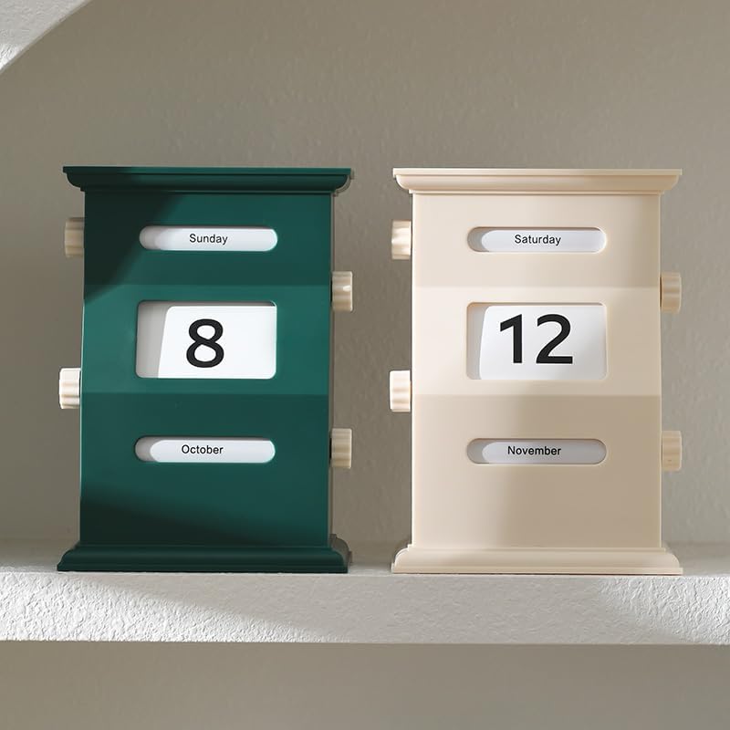 Vintage Desktop Perpetual Calendar, Rotating Month Week Day Date Display for Home Office,Retro Style, Reusable High-end Home Ornaments Travel Record, 6.1 x 4.3 x 2.6 Inches(Retro Green Perpetual Calendar)