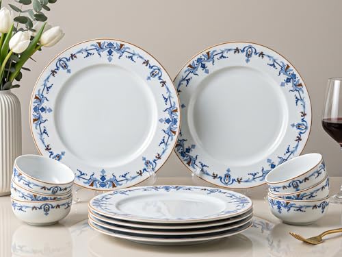 Image of Bodhi House Premium Porcelain Dinner Set 12 Pieces Serving for 6 | Royal Crest Design | Microwave & Dishwasher Safe | Crockery Set | Dinnerware Set for Home, Dining, Kitchen & Gifting