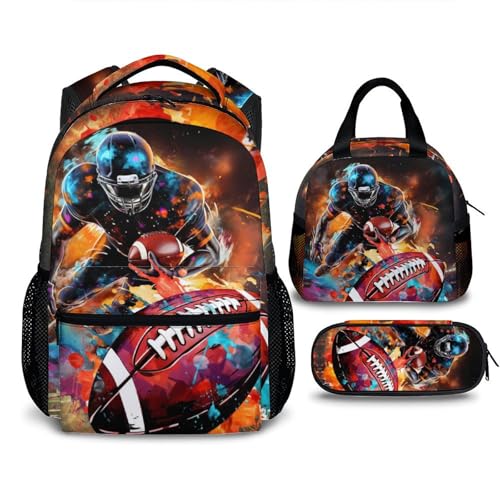 School Backpack for Kids, American Football Backpacks Set Gift for Boys Age 6-18, Kids Bookbag with Lunchbag Matching Combo, Football Schoolbag with Pencil Case Bundle Supplies
