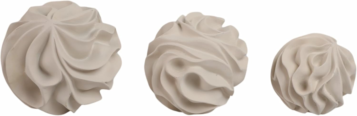 Home and Office Ornament for Living Room Decor – Unique Polyresin Orbs with Sculpted Wave Texture – Minimalist Home Decor for Shelf, Office, Coffee Table, or Bathroom Set of 3 – 6", 5", 4" White
