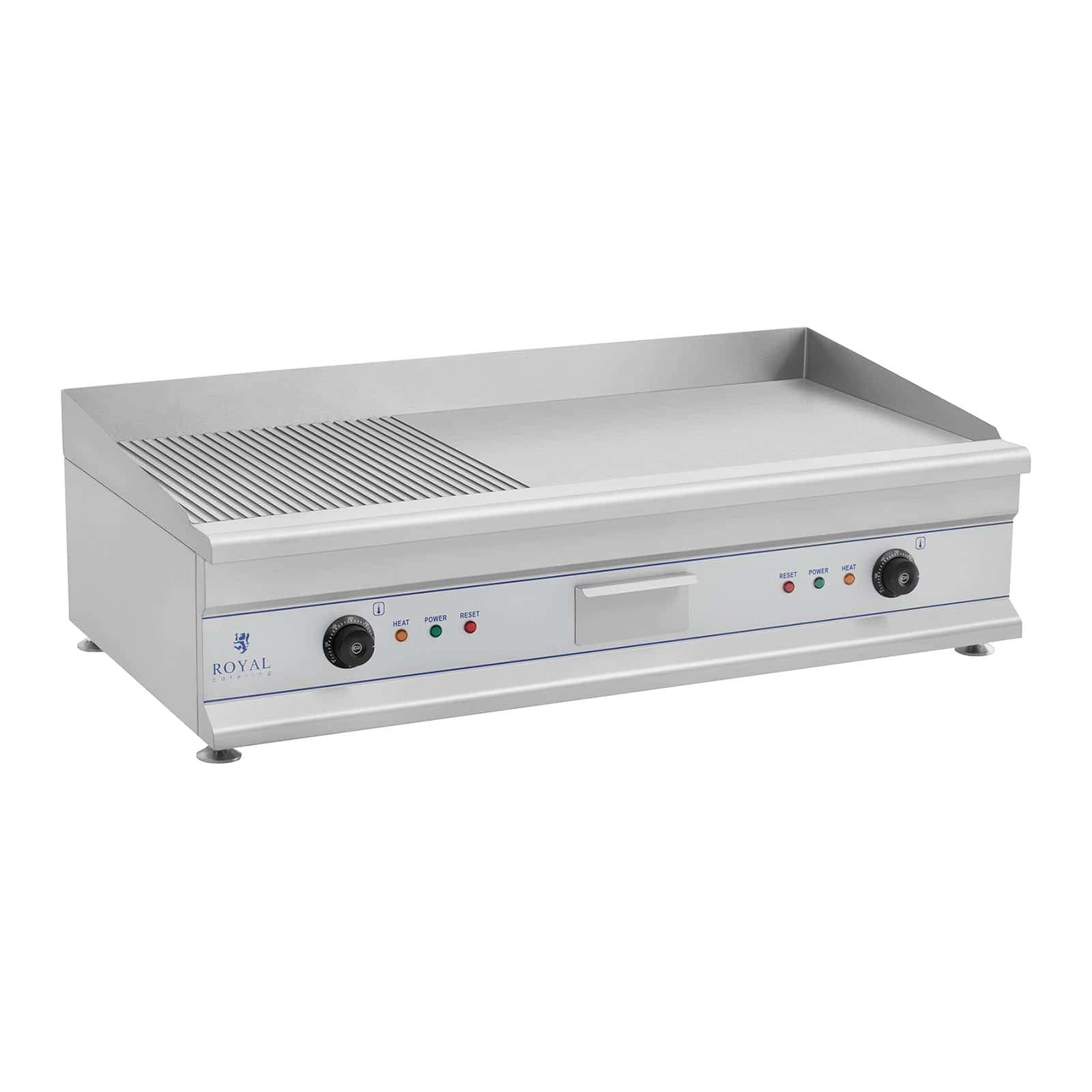 Royal Catering Plancha Grill Électrique Double RCG 100G (Plaque 100 x 40 cm, 2 x 3 200 W, Surface de Cuisson Lisse Et Nervurée, 2 Zones de Chauffe Indépendantes, Pare-Projections, Gouttière)