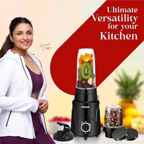 Image of Pringle Alexa Nutri Blender 450W | Smoothie Maker & Mixer Grinder | 2 Food Grade Jars | Sipper Cap & Storage Lids | Dual Blade System | Compact Kitchen Blender | 1 Year Warranty | Black