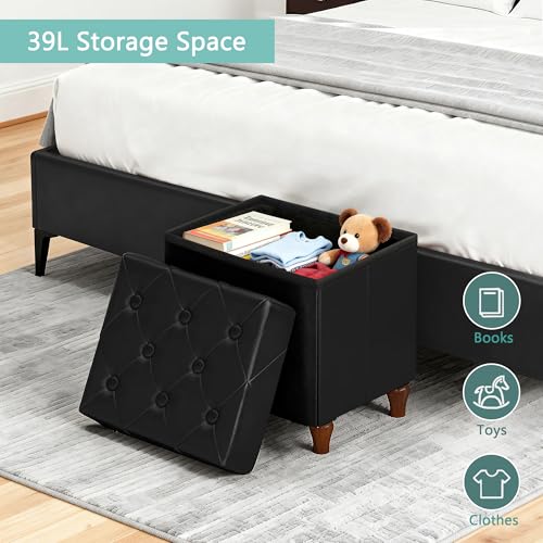 Image of CAROLMADE Folding Storage Ottoman Cube PU Leather Footstool with Wood Legs Ottoman Footrest for Living Room and Bedroom Black, 15x12.6 x 15.4 inch
