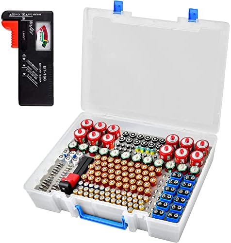 Battery Organizer Storage Holder- Batteries Case Containers Box with Tester Checker BT-168. Garage Organization Holds 225 Batteries AA AAA C D Cell 9V 3V Lithium LR44 CR2 CR1632 CR2032 (Transparent) (Blue)