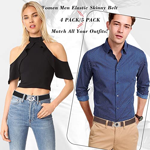 LEACOOLKEY Elastic Skinny Waist Belt for Dress Women Men No Show Stretchy Thin Belt for Jeans Pants Flat Buckle3