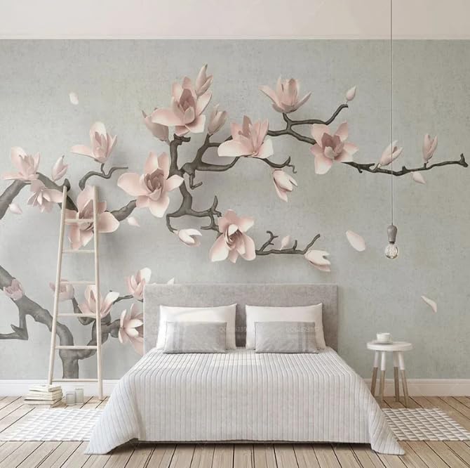 Papier peint 3D magnolia rose pour masquer un mur vide du salon