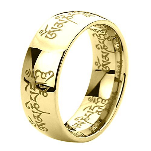Prime Pristine 8mm Mens Womens Titanium Wedding Band Ring Tibetan Mantra Om Mani Padme Hum Black/Gold Band Ring SZ: 7.5