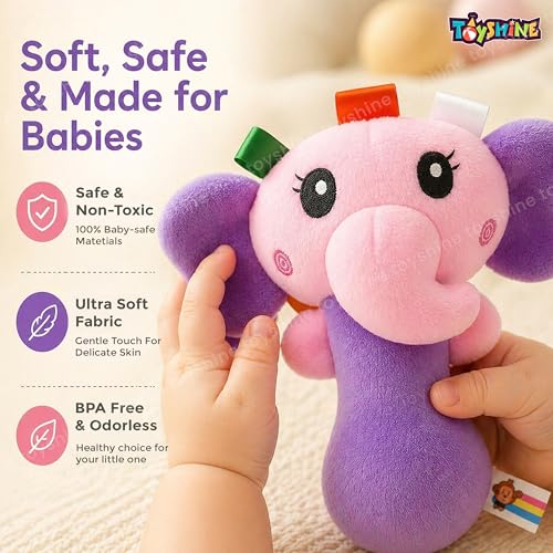 Image of Toyshine Pack of 3 Cute Animal Face Baby Hand Rattles Safe Lightweight and Easy to Hold Soft Stuffed Handy Rattles for Babies Infant Toddlers 6-12 Months - Elephant