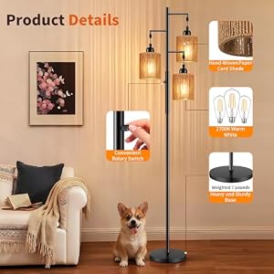 Hotsonic 72" Boho Rattan Tree Floor Lamp, Tall Dimmable Industrial Standing Lamp, Corner Decor Accent Lighting for Living Room, Bedroom, Dining Room, Nursery, Cafe (3 x 800LM Bulbs Included) - Black — photo 5 of 6