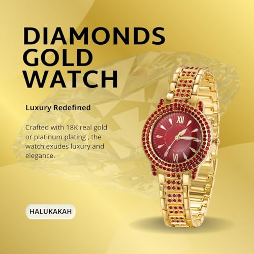 Halukakah Green/Blue/Red Diamonds Watch Iced Out for Boy Teens Kids - 18K Real Gold/Platinum Plated,Round Dial,Japanese Quartz - 7.7" Length - Optional with Cuban Link Chain - for Birthday,Parties2