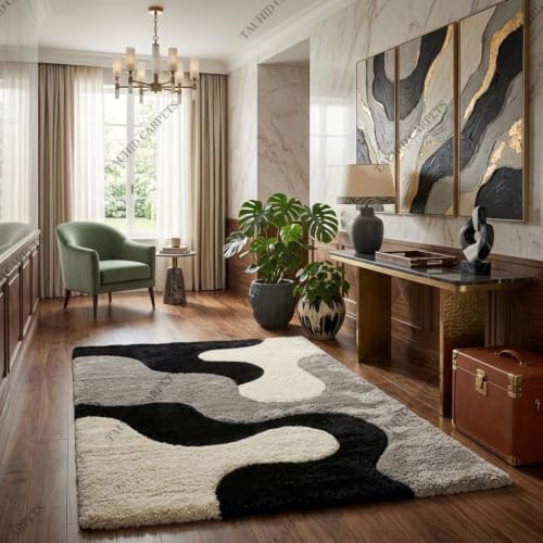 Image of Tauhid Carpet Super Soft Microfiber Shaggy Area Rug Modern Abstract Grey Black & White Plush Carpet | Fluffy Floor Rug for Living Room, Bedroom 2x5 Feet Runner.