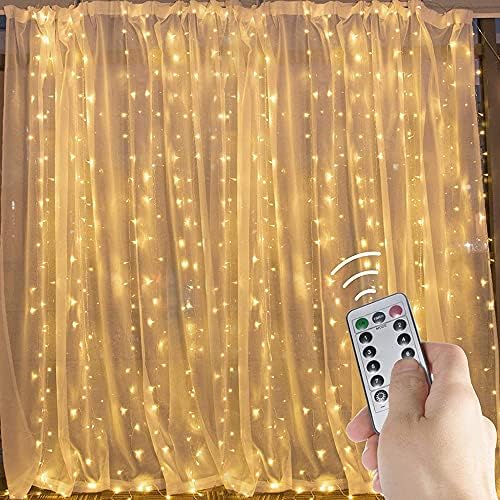 Window Curtain String Lights, 3m x 3m 300 LED Fairy Lights with 8 Modes Waterproof LED String Lights with Remote Control and Timer for Indoor Outdoor Garden Party Wedding Home Decoration(Warm White)