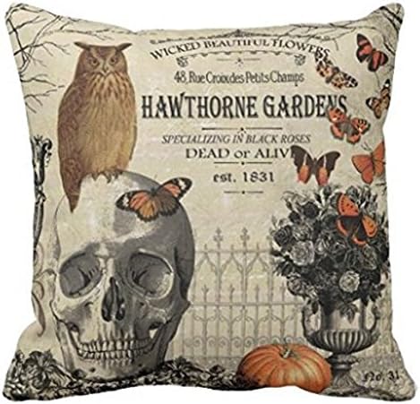 Aiwish Modern Vintage Halloween Skull and Owl Cotton Canvas Pillow Cover 18 x 18 Inches Square Cushion Cover for Sofa One Side