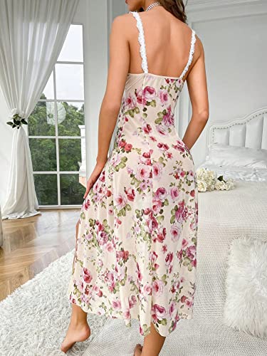 Sweatyrocks Women's Deep V Neck Floral Print Lace Trim Chemise Dress Split Thigh Long Mesh Teddy Nightgown Multicolor Xl #TOP1