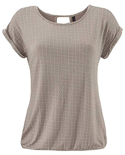 Fleasee Damen T-Shirt Rundhals Kurzarmshirt mit Allover Druck Sommer Bluse Casual Top, Hellbraun, S